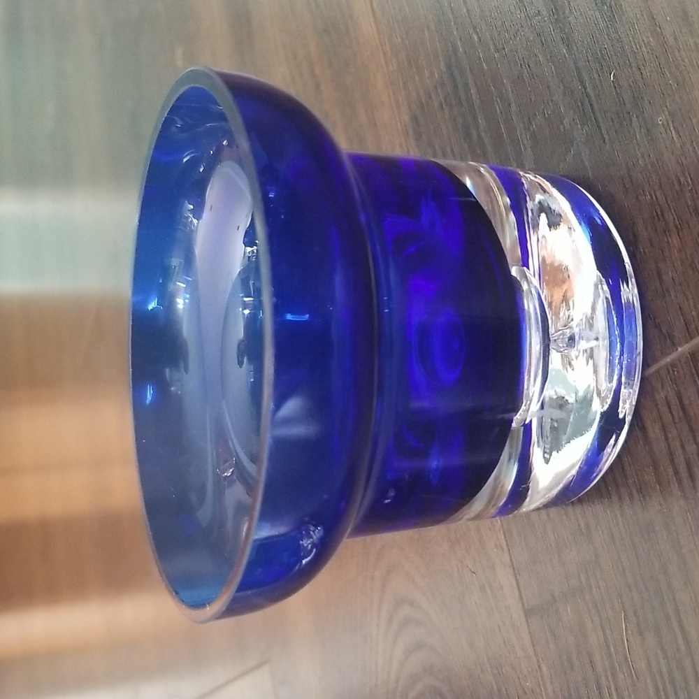 Krosno vintage blown cobalt blue glass candle holder controlled bubble.